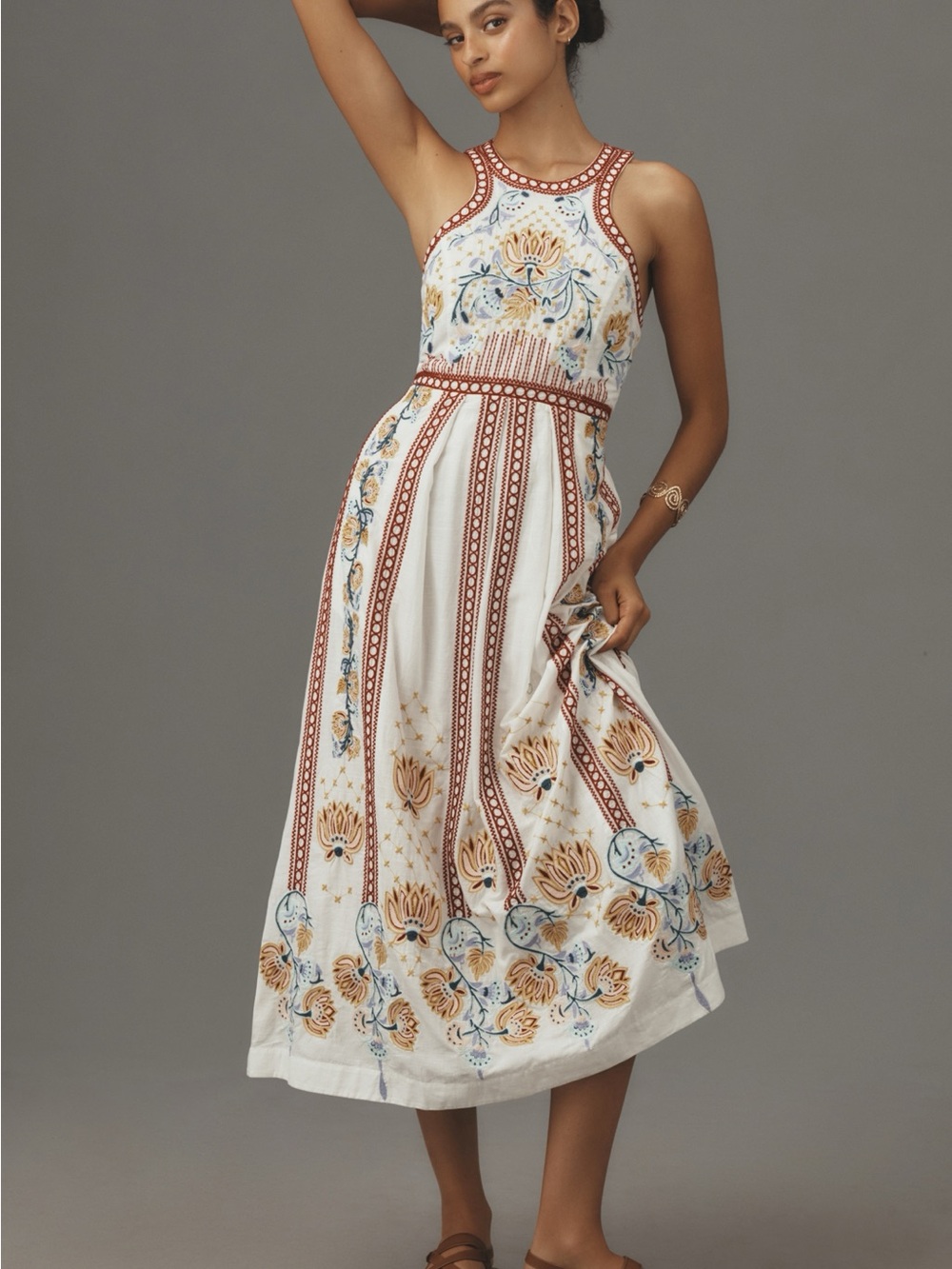 By Anthropologie Embroidered Back-Cutout Midi Dress